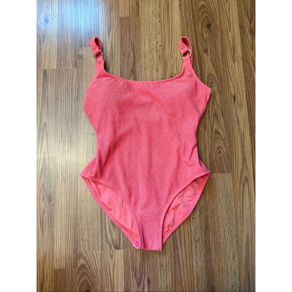 MICHAEL Michael Kors Women's Textured Logo Ring One Piece Swimsuit Coral Size 12